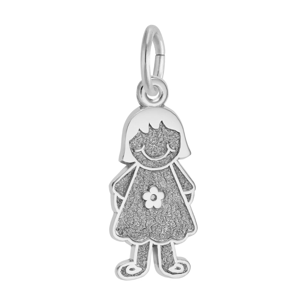 Silver charm shaped like a girl with a flower dress on a white background
