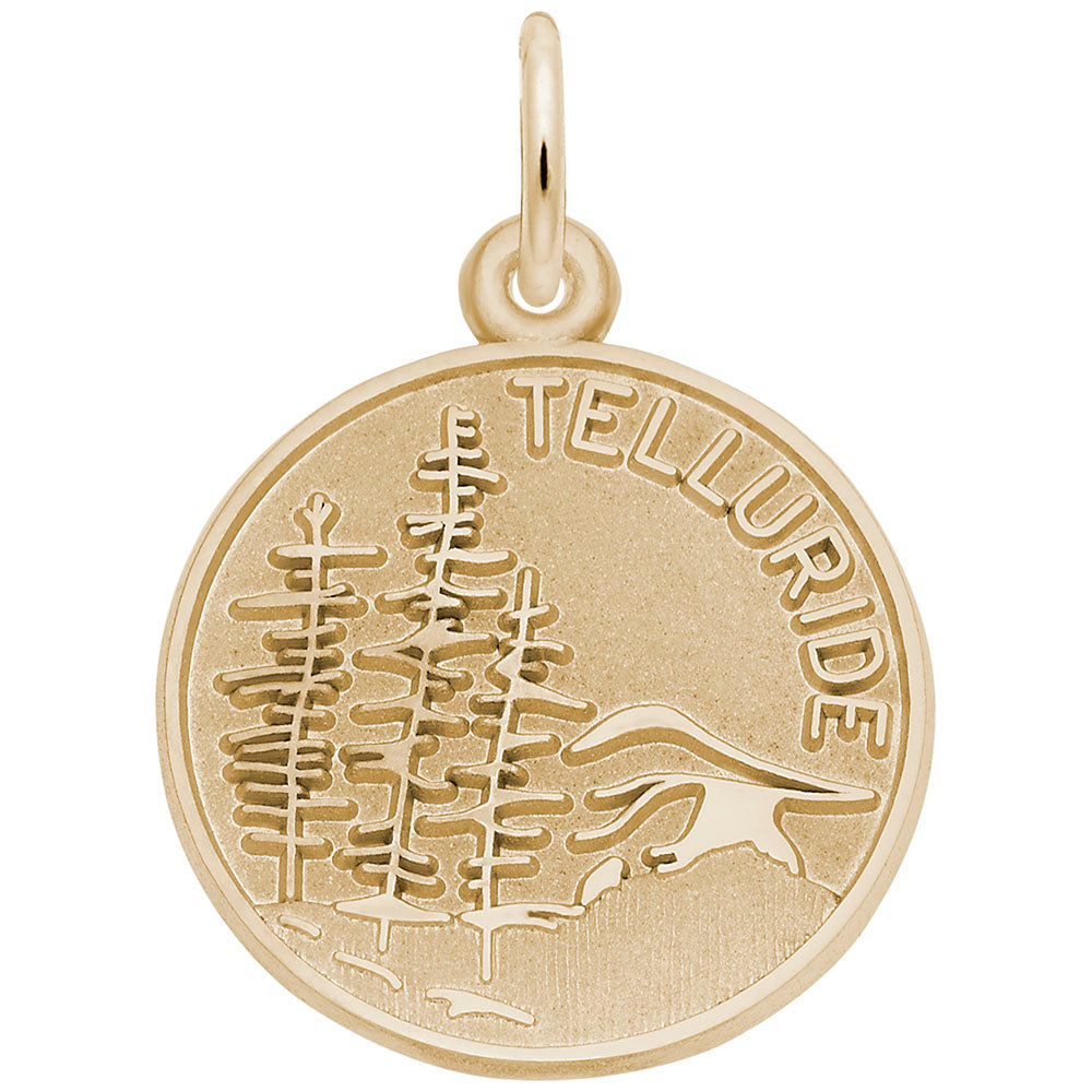Gold disc charm with 'Telluride' text and nature design on a white background