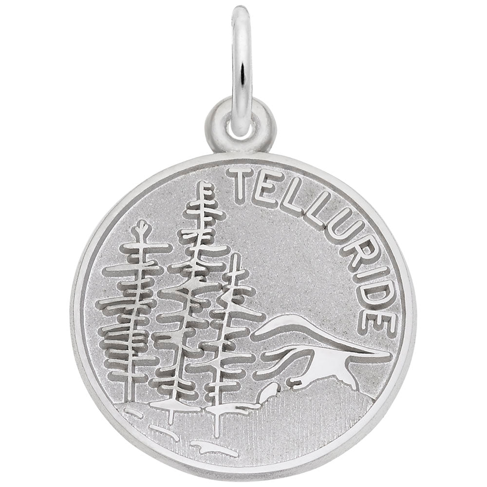 Silver disc charm with 'Telluride' text and nature design on a white background