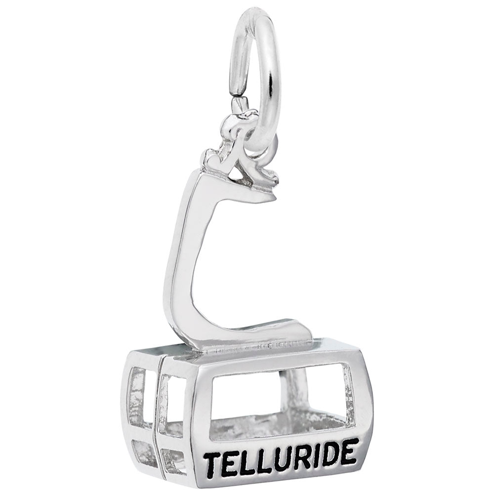 Silver cable car charm with 'Telluride' text on a white background