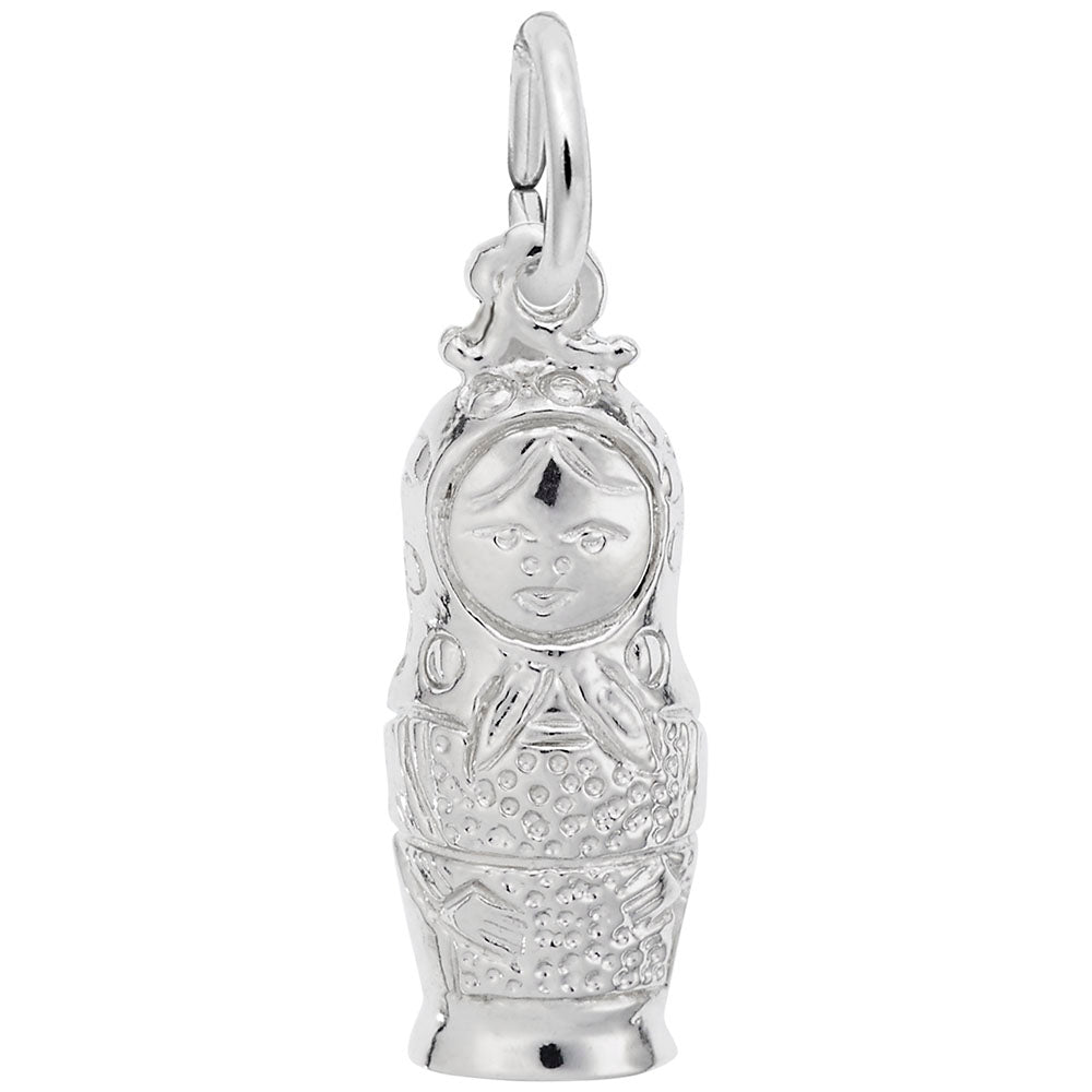 Silver charm shaped like a Russian nesting doll on a white background