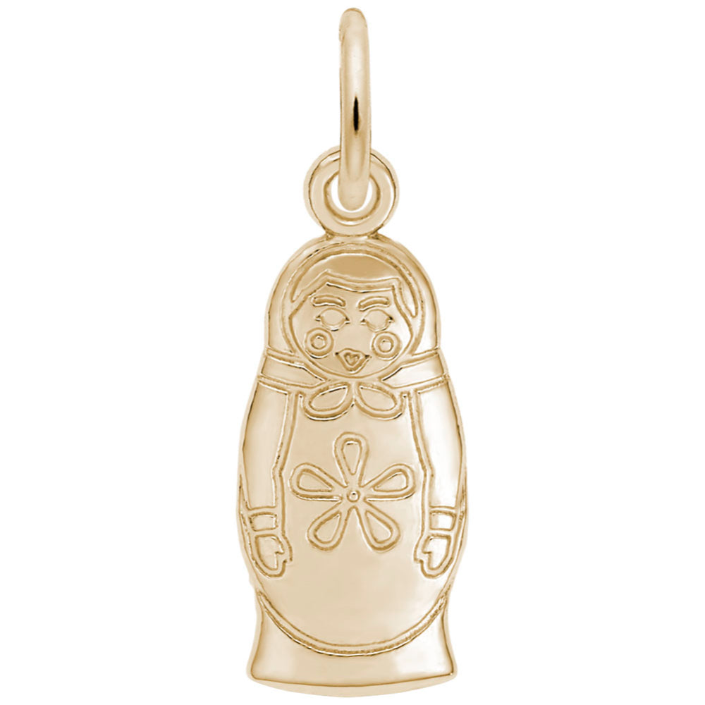 Gold charm shaped like a traditional Russian matryoshka doll on a white background