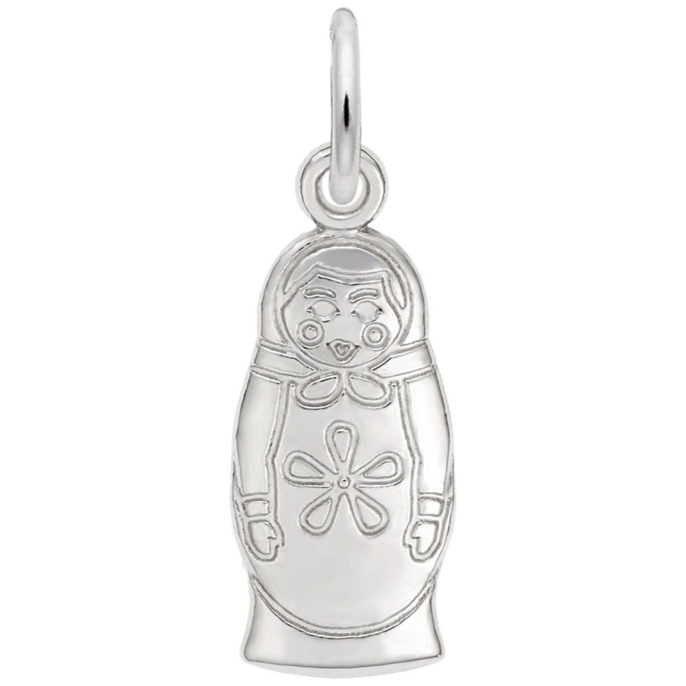 Silver charm shaped like a traditional Russian matryoshka doll on a white background
