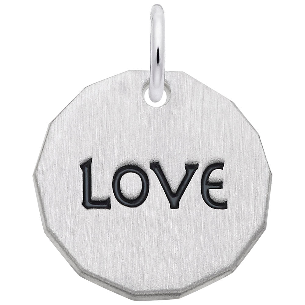 Silver disc charm with 'LOVE' engraved on a white background