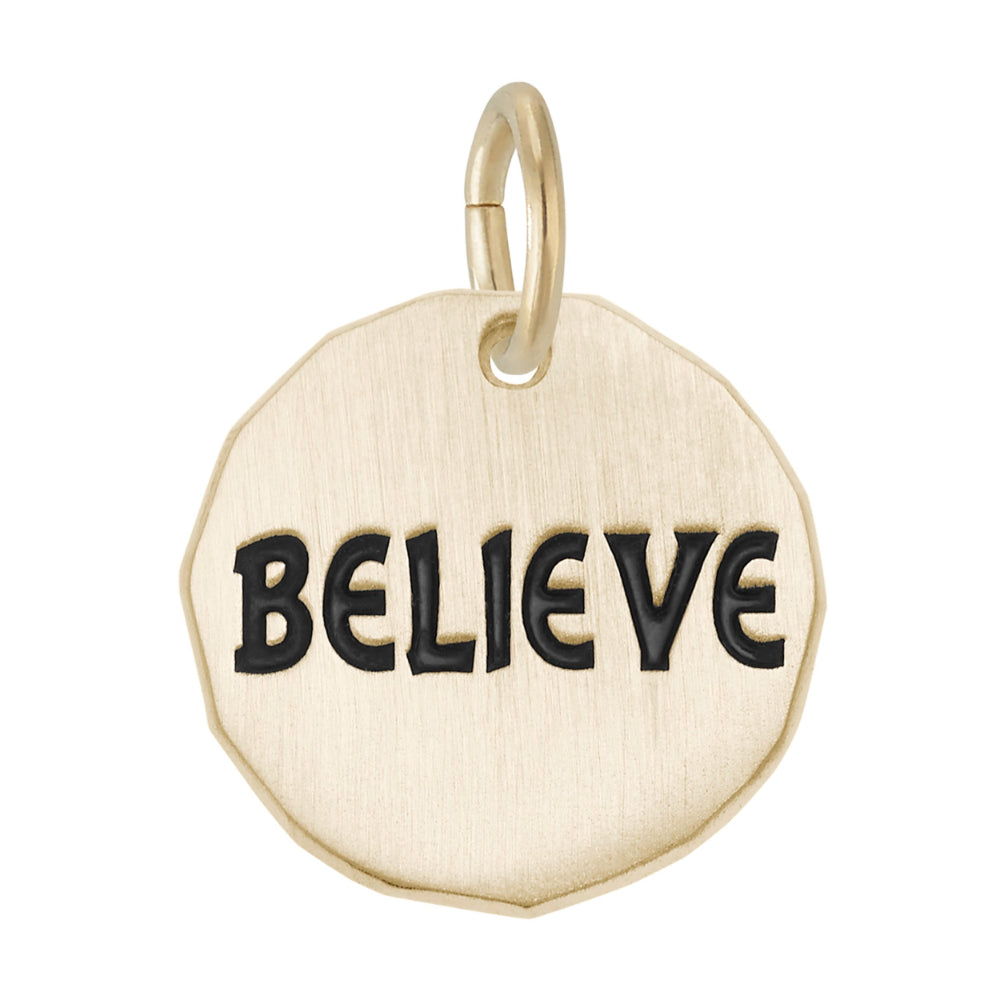 Gold Disc charm engraved with 'BELIEVE' on a white background
