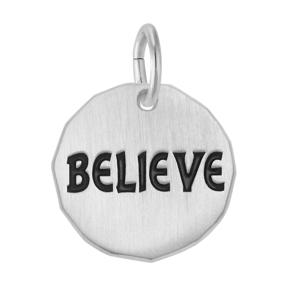 Silver Disc charm engraved with 'BELIEVE' on a white background