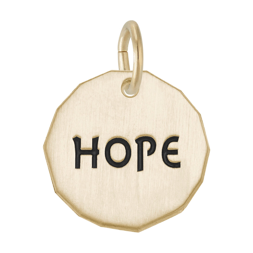 Gold Hexagonal disc charm engraved with 'HOPE' on a white background