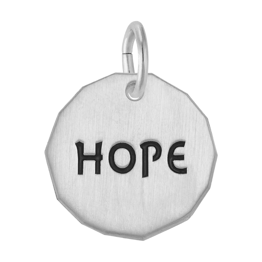 Silver Hexagonal disc charm engraved with 'HOPE' on a white background
