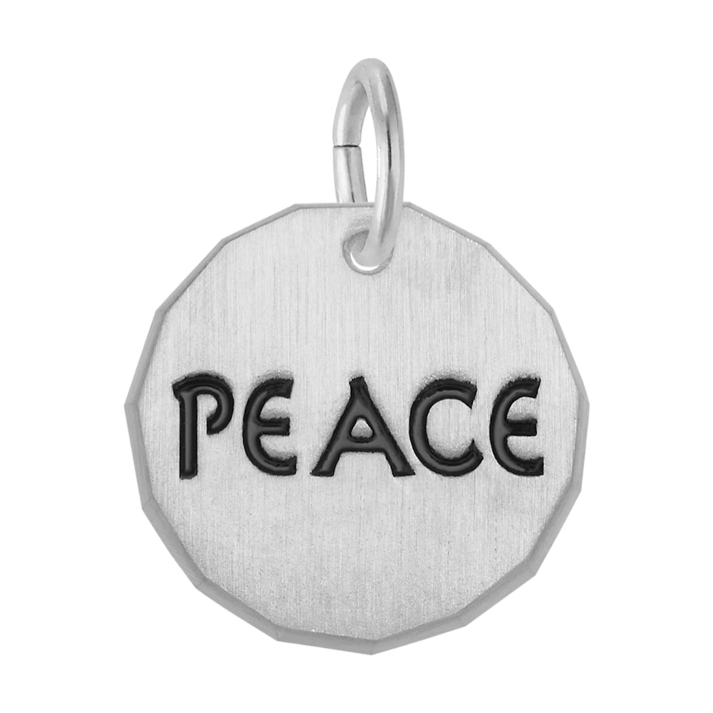 Silver hexagonal disc charm with 'PEACE' engraved on it, on a white background