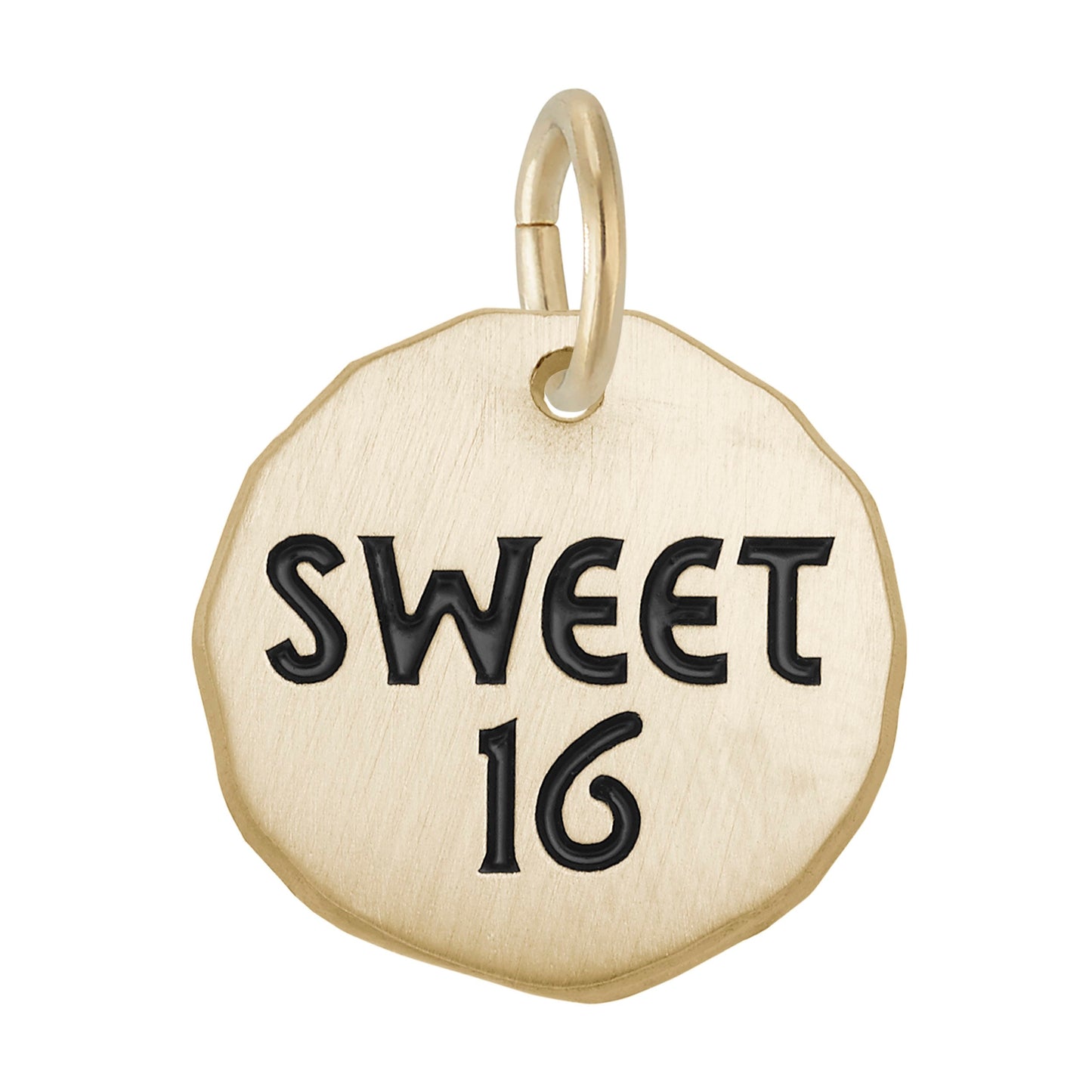 Gold hexagonal disc charm with 'SWEET 16' engraved, on a white background