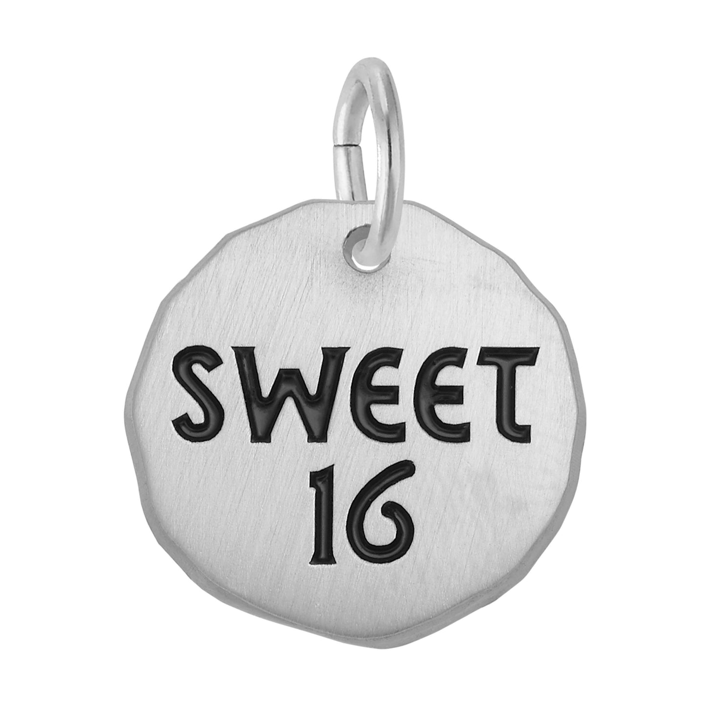 Silver hexagonal disc charm with 'SWEET 16' engraved, on a white background