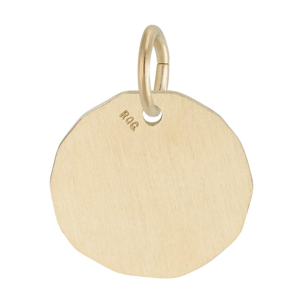 Gold disc charm with small 'RQC' engraving near jump ring on a white background