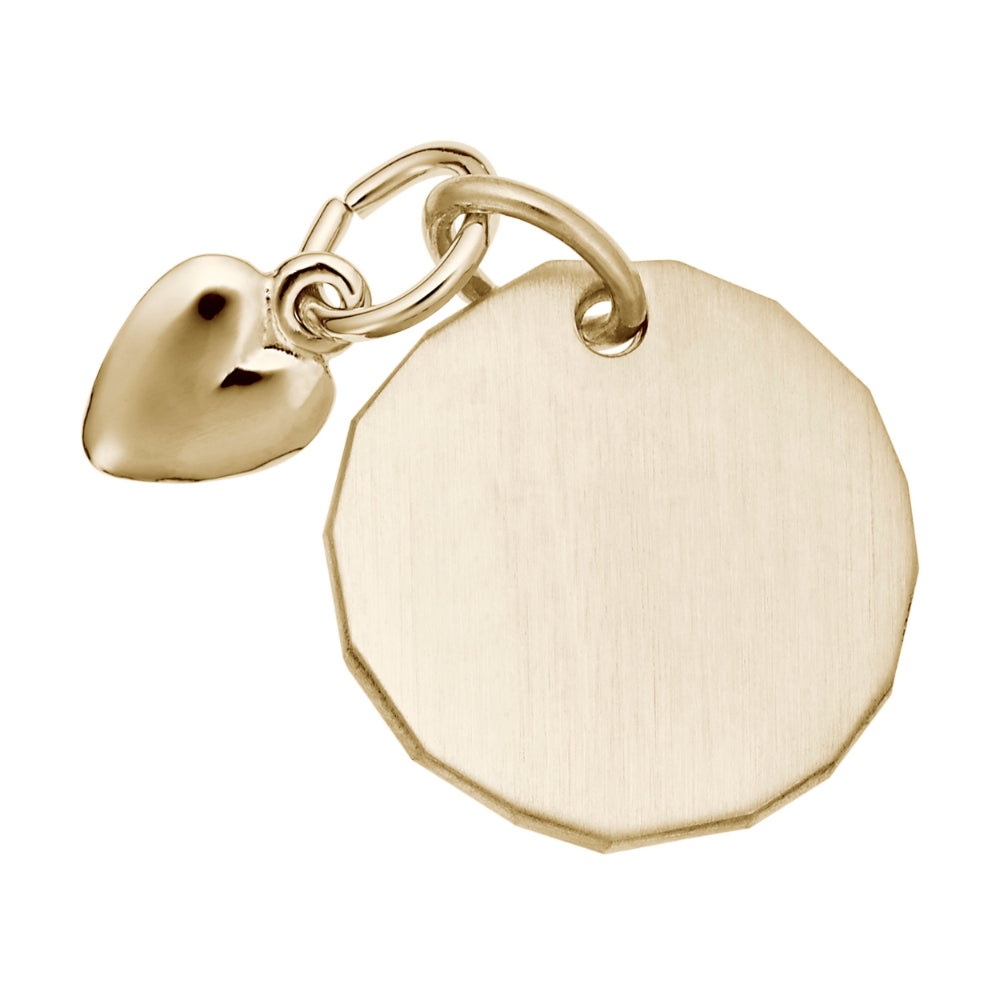 Plain gold disc pendant with a heart accent on a white background