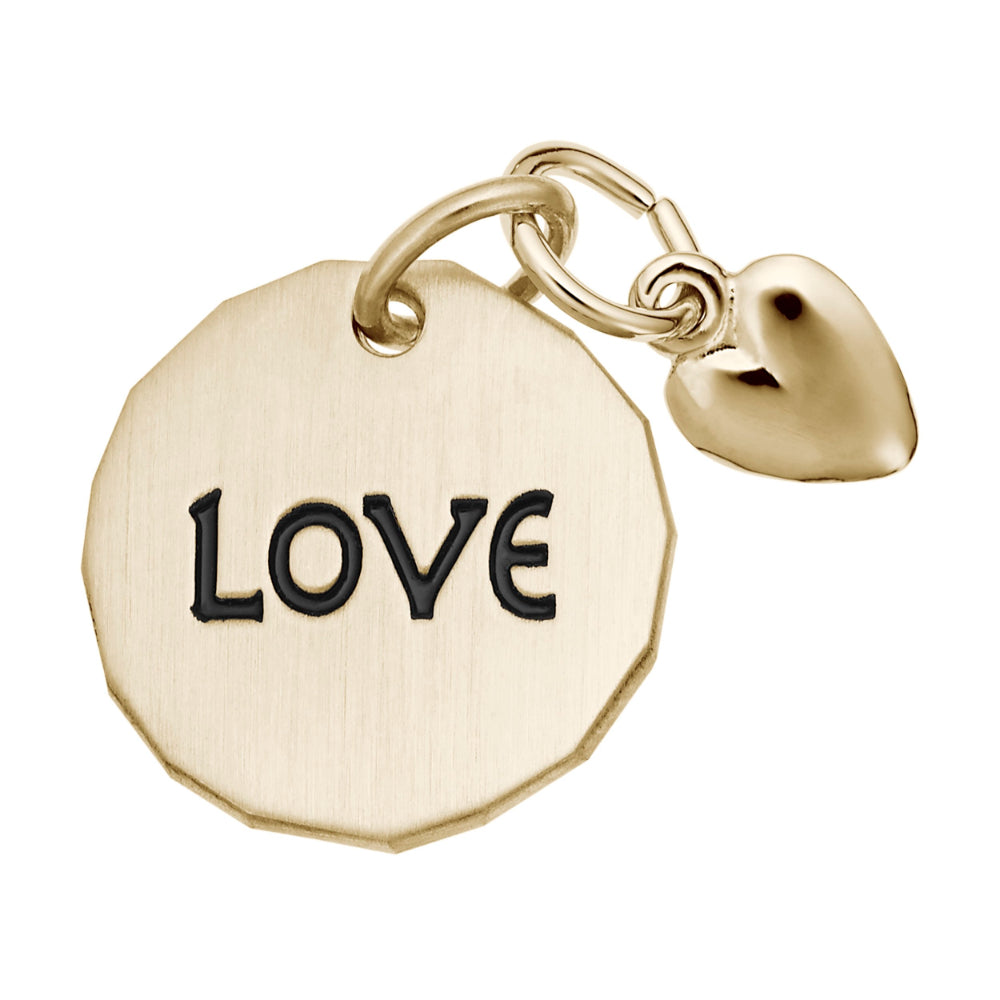 Gold disc pendant with 'LOVE' engraved on it and a heart accent on a white backgound