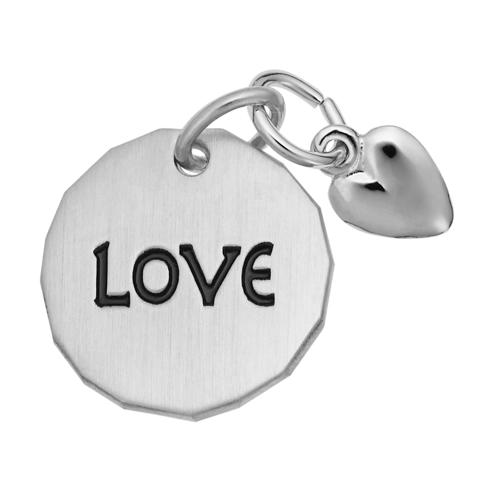 Silver disc pendant with 'LOVE' engraved on it and a heart accent on a white backgound