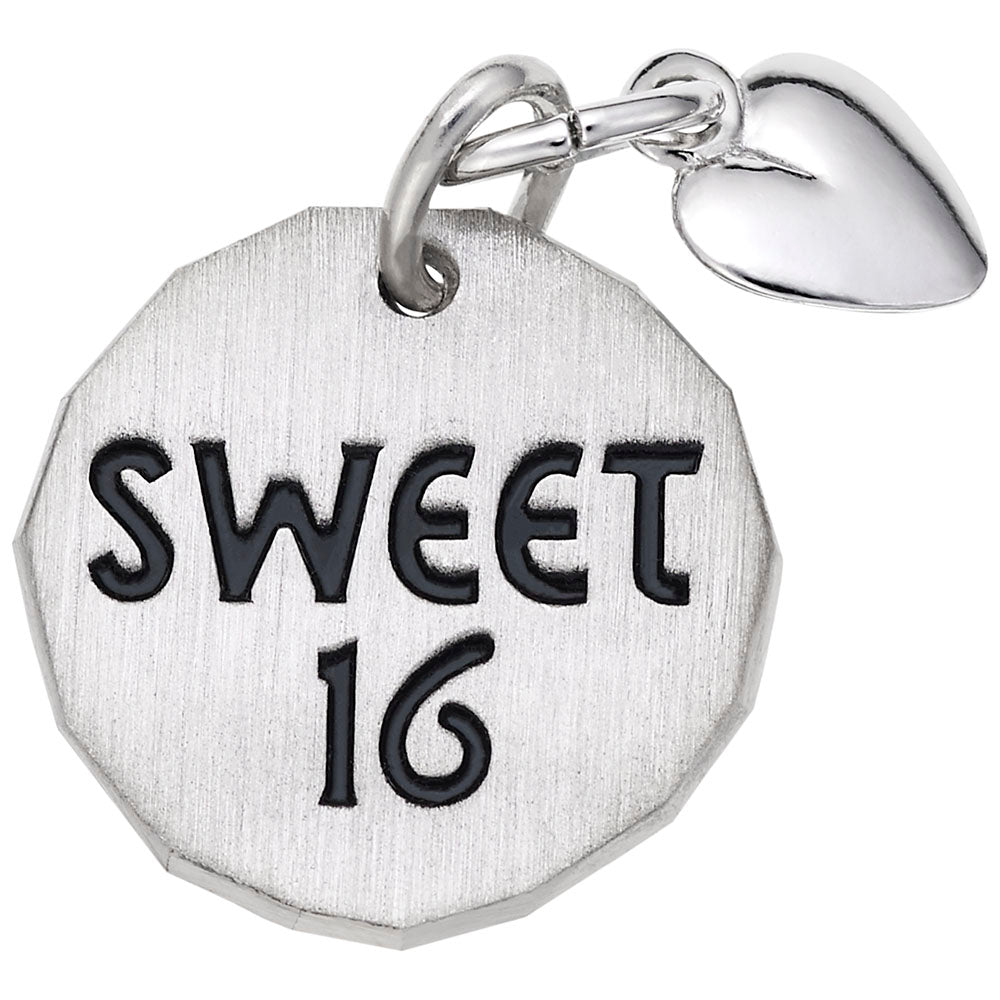 Silver disc charm with 'SWEET 16' text and a heart dangle on a white background