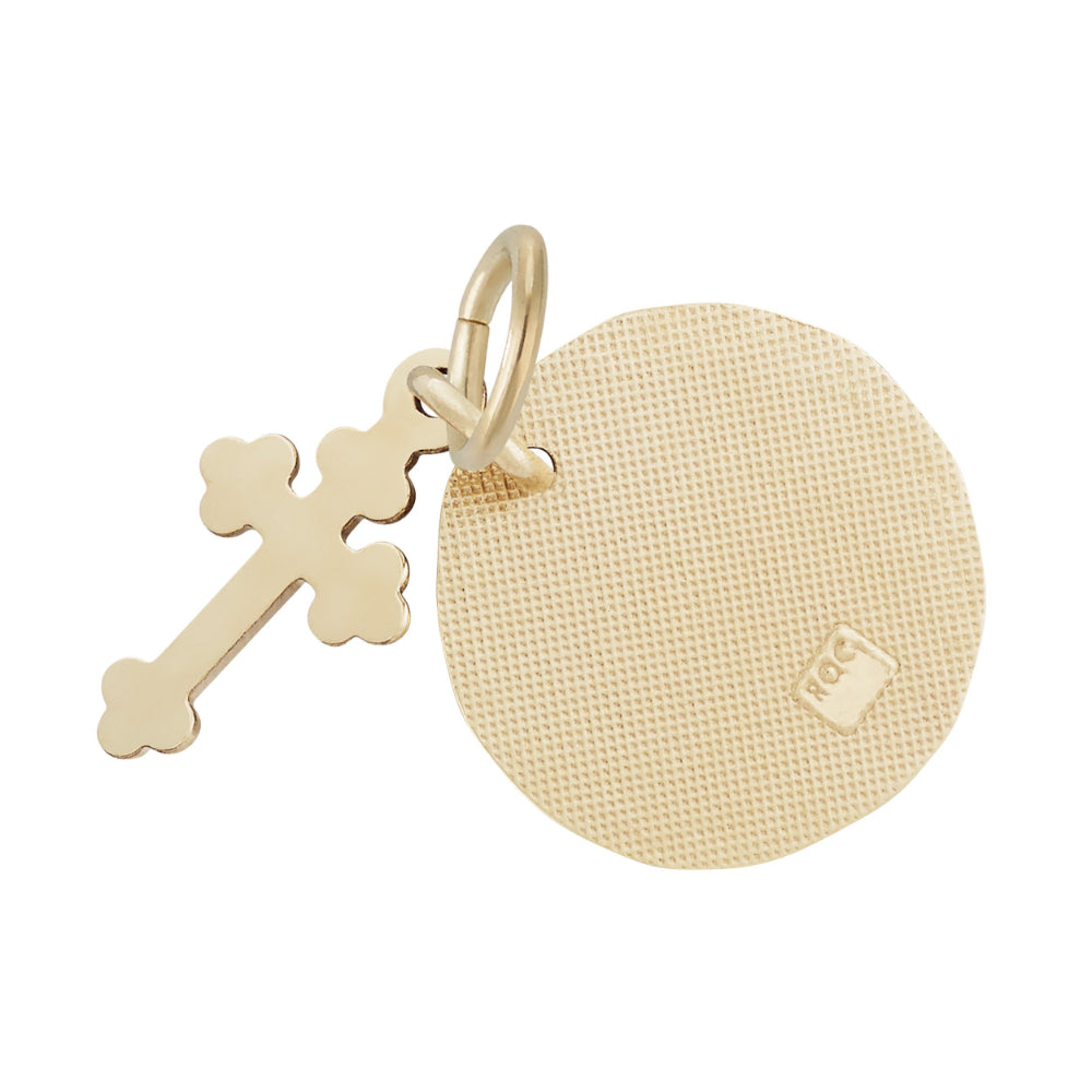 Plain Golddisc charm with attached cross, on a plain white background