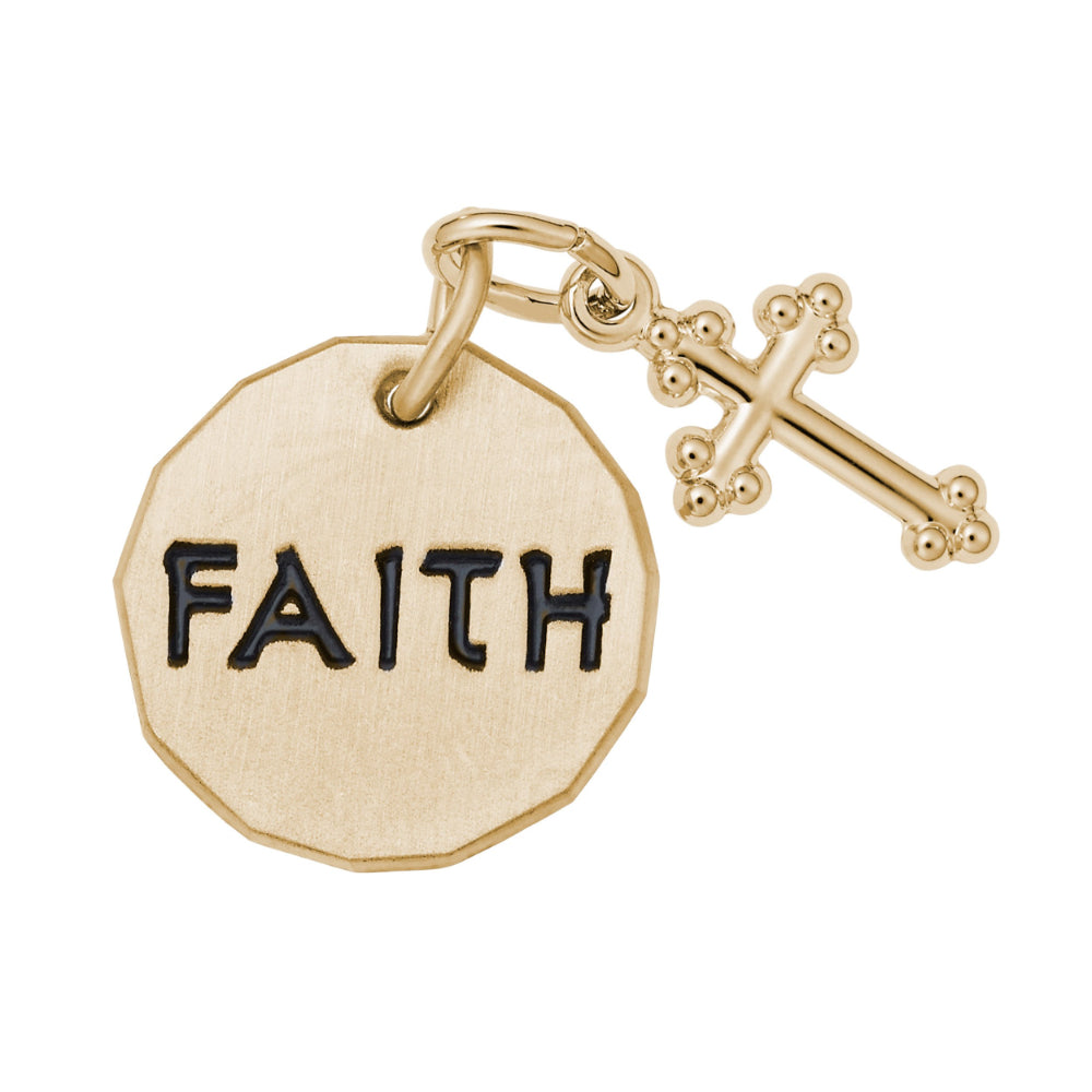 Gold disc charm with attached cross with the word 'FAITH' engraved and painted on the front, on a plain white background