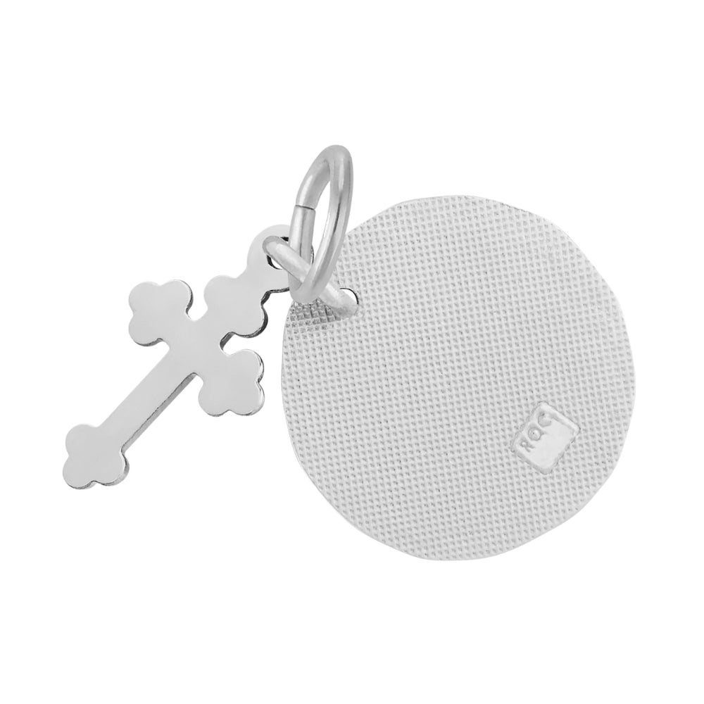 Plain Silver disc charm with attached cross , on a plain white background
