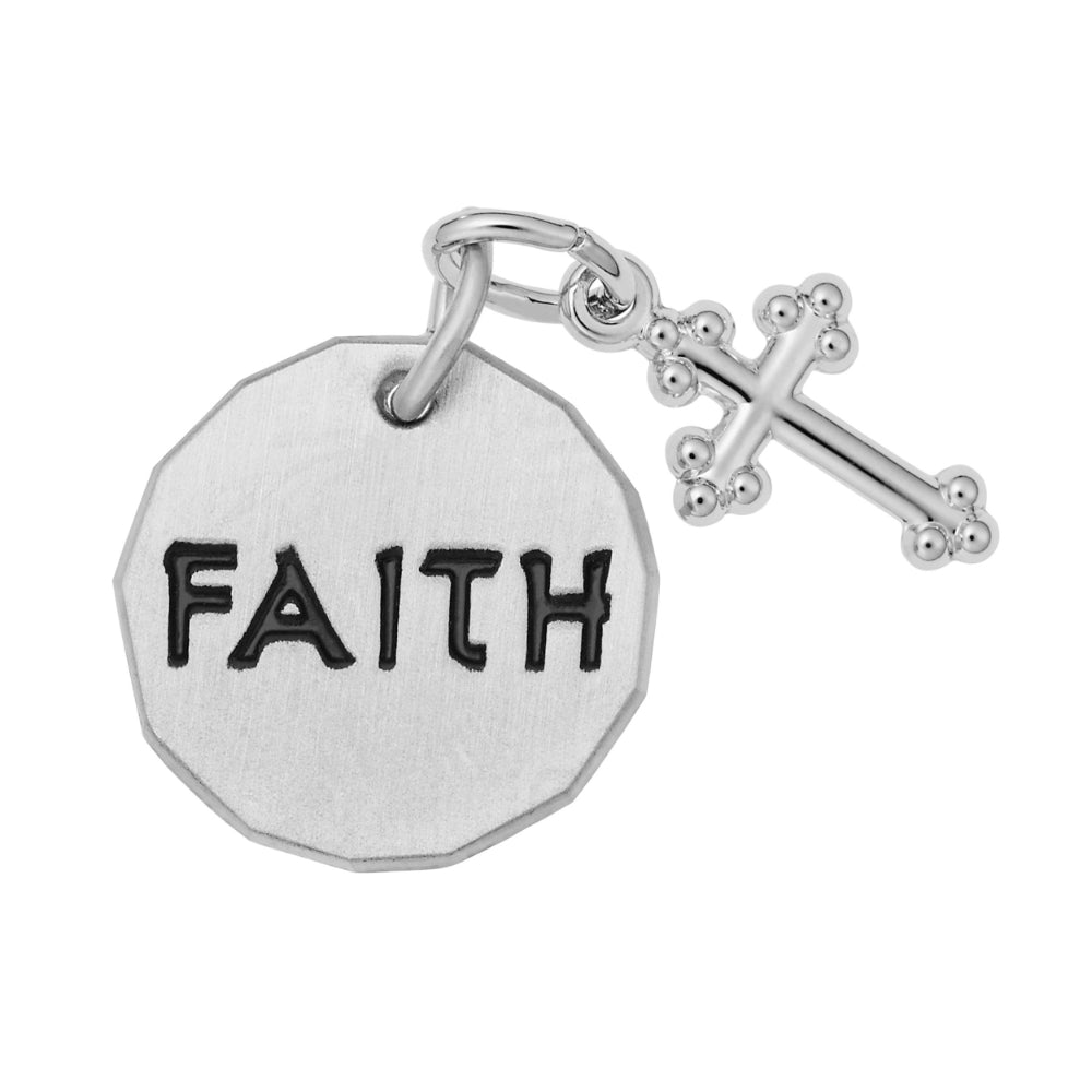 Silver disc charm with attached cross with the word 'FAITH' engraved and painted on the front, on a plain white background