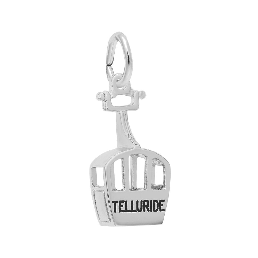 A silver cable car charm with the word 'TELLURIDE' engraved on the front, set against a plain white background.