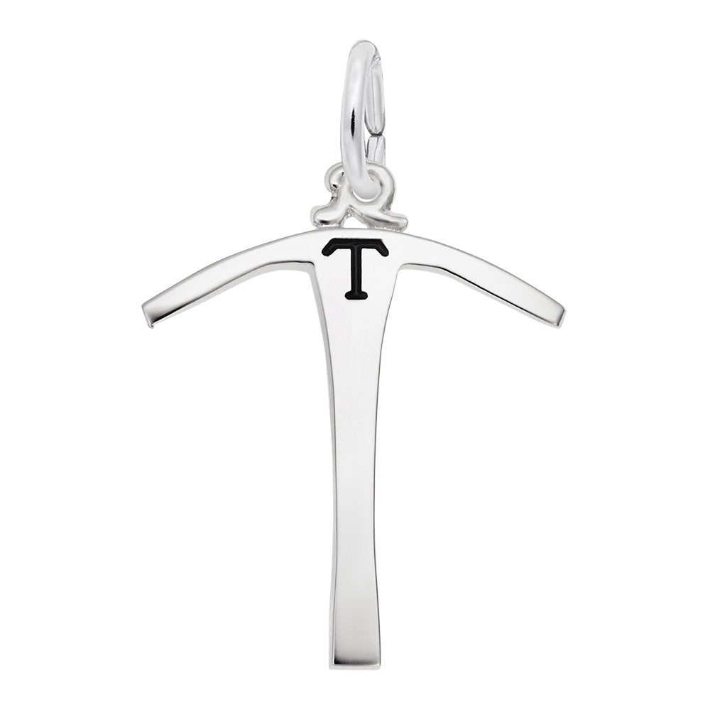 Silver pickaxe charm featuring a polished finish and a black capital letter 'T' engraved at the center, shown on a solid white background.