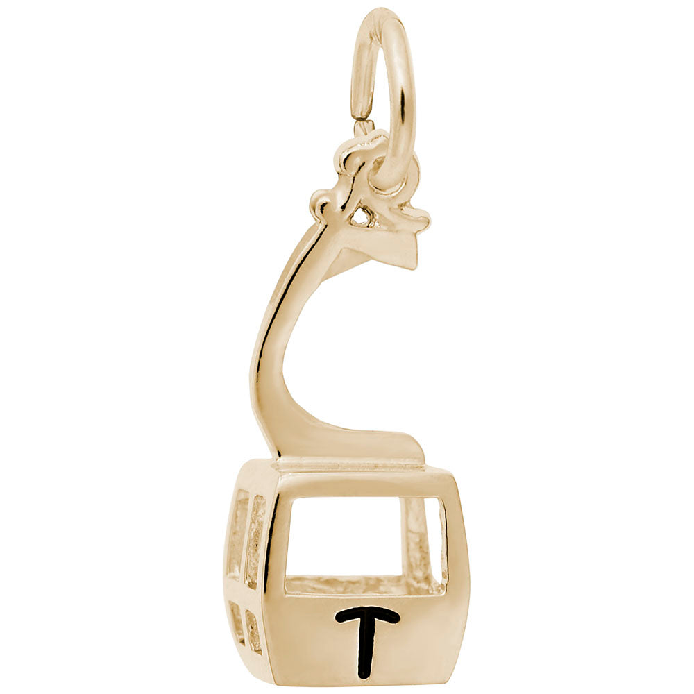 Gold cable car charm inscribed with a black 'T' on a white background