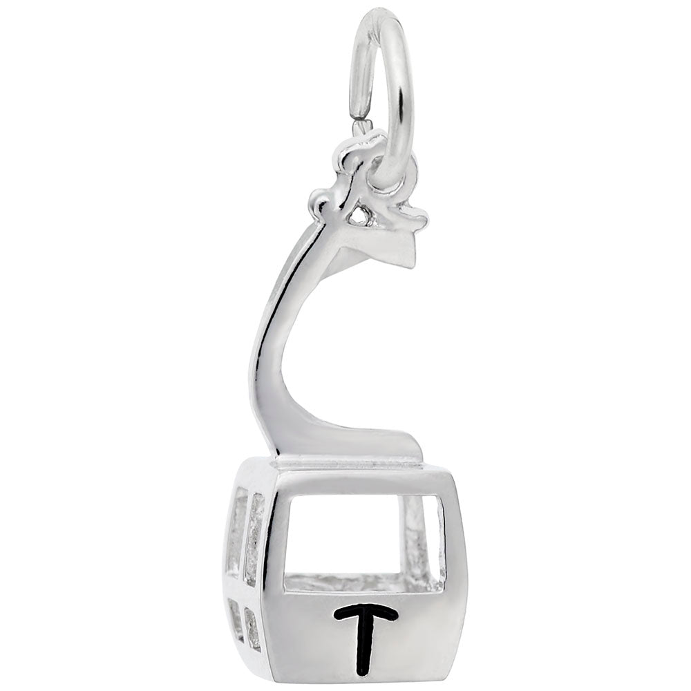Silver cable car charm inscribed with a black 'T' on a white background