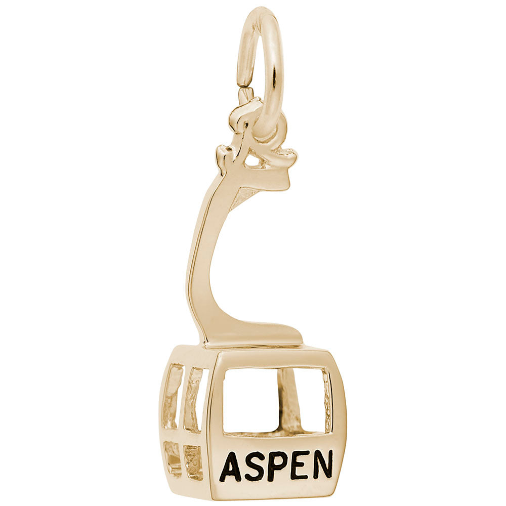 A gold cable car charm pendant featuring the word 'ASPEN' engraved on the side, set against a plain white background.