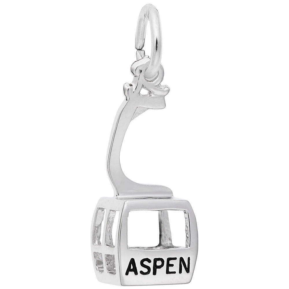A silver cable car charm pendant featuring the word 'ASPEN' engraved on the side, set against a plain white background.