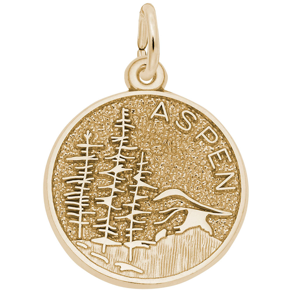 Gold charm with an engraved mountain design and the word 'ASPEN' on a white background