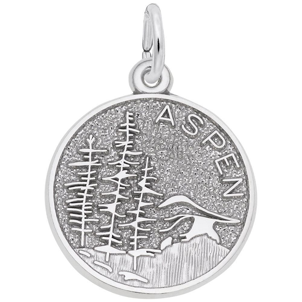 Silver charm with an engraved mountain design and the word 'ASPEN' on a white background