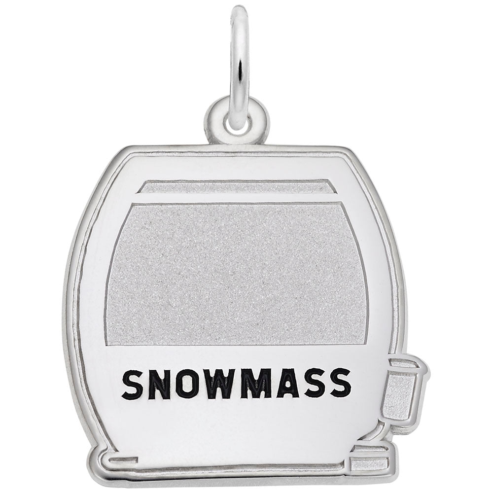 Silver charm shaped like a gondola with 'SNOWMASS' text on a white background
