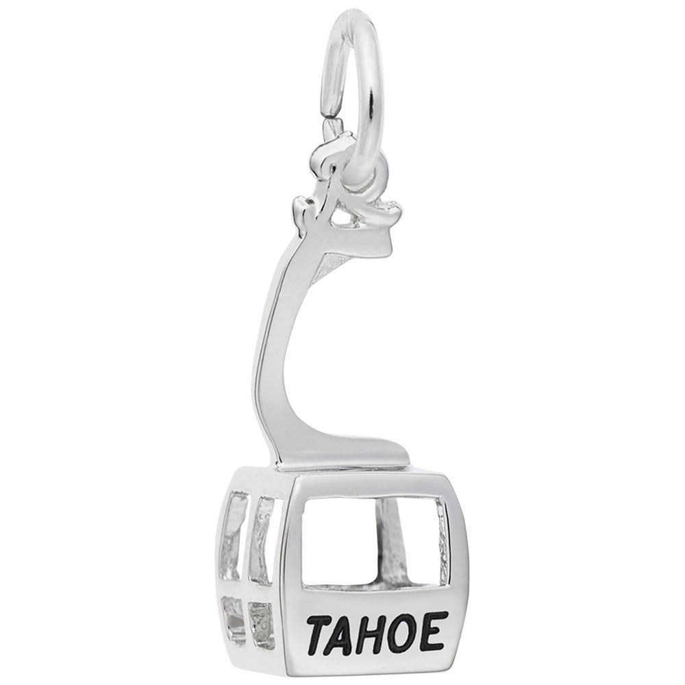 Silver gondola with 'TAHOE' written in black on a white background