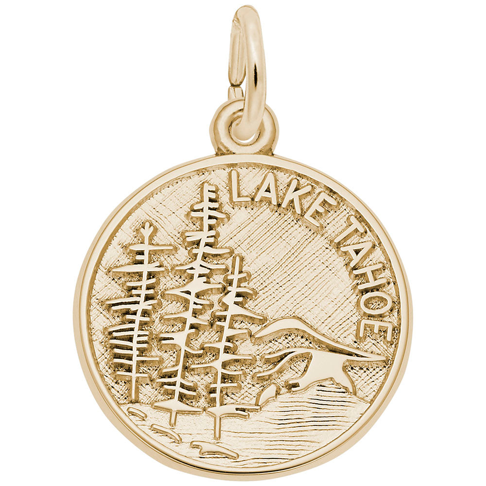 Gold disc charm engraved with a mountain scene and 'Lake TAHOE' on  a white background