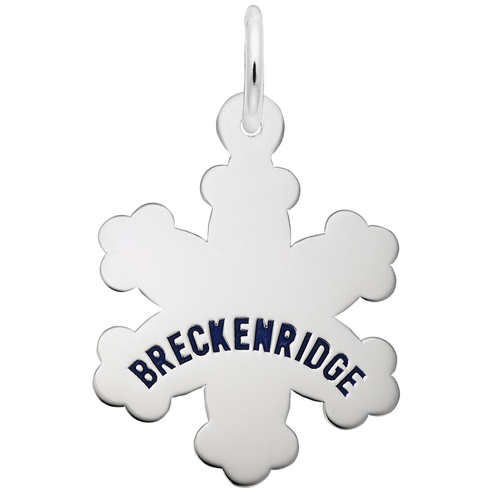 Silver snowflake charm engraved with 'BRECKENRIDGE' on a white background
