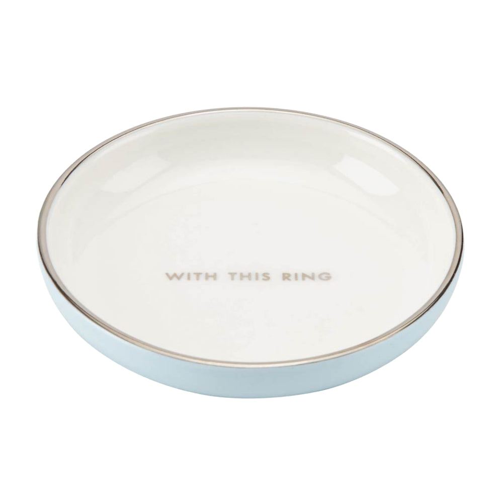 Round ring dish with 'WITH THIS RING' text on a white background