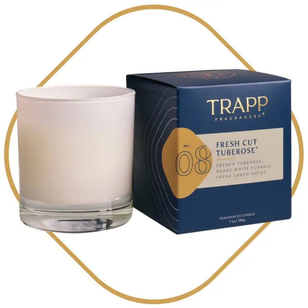 Trapp Fragrances Fresh Cut Tuberose candle and packaging on a white background