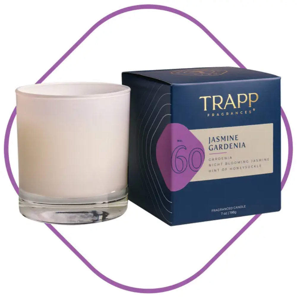 Trapp Fragrances Jasmine Gardenia candle and packaging on a white background