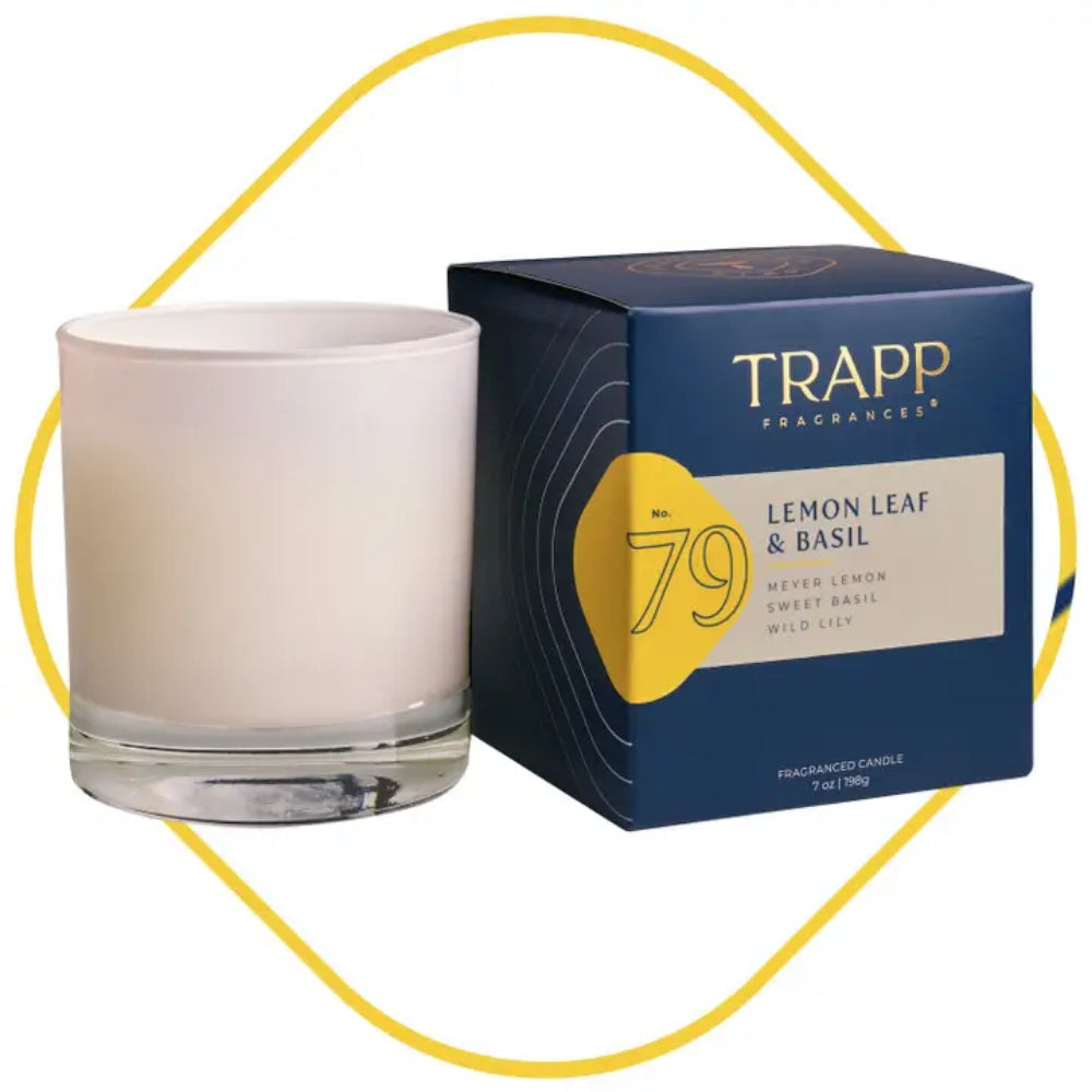Trapp Fragrances Lemon Leaf & Basil candle with packaging on a white background
