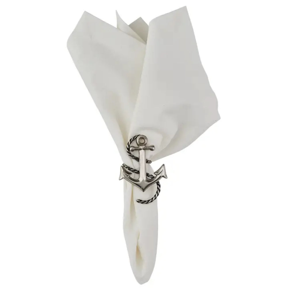 Anchor & Rope Napkin Ring around white napkin on white background. 
