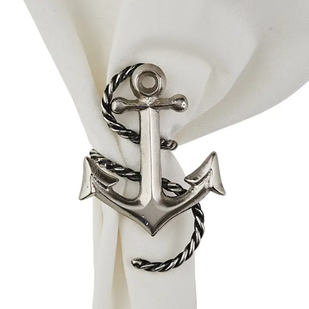 Anchor & Rope Napkin Ring around white napkin on white background. 