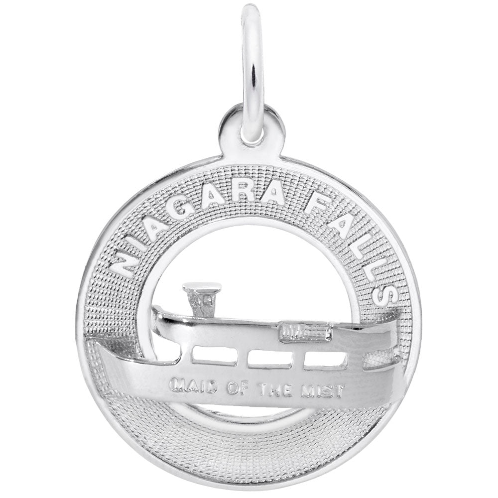 Silver ring charm with a boat with 'MAID OF THE MIST' engraved on it, on a white ack ground