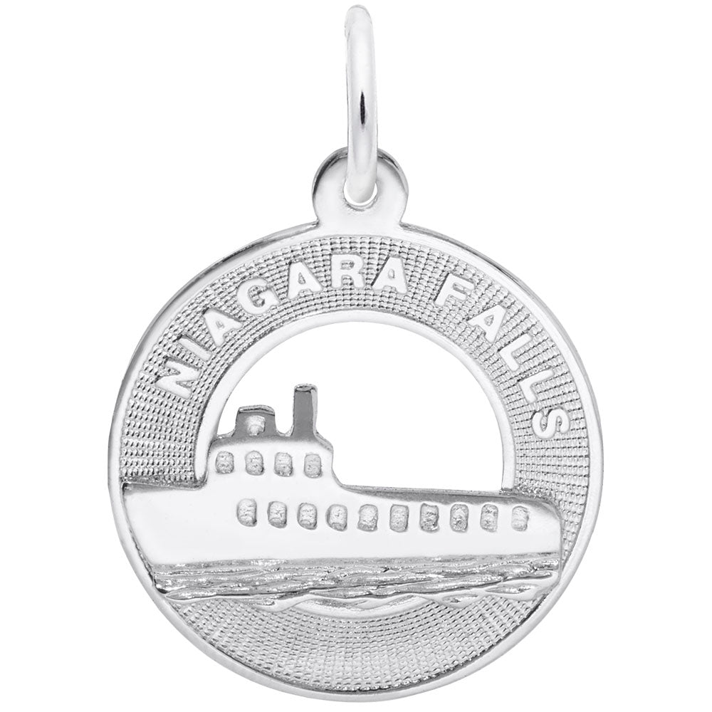 Silver Niagara Falls Ring with a boat charm on a white background
