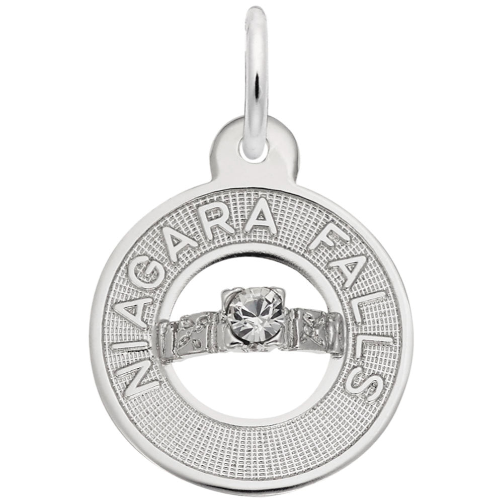 Silver Niagara Falls Ring charm with central bar with a clear stone on a white background