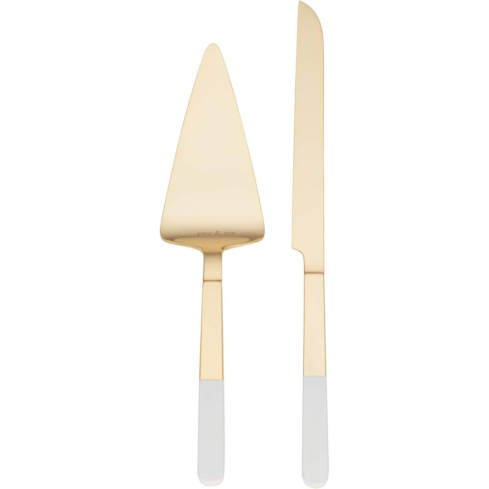 Gold cake server and knife set with white accents on a white background.