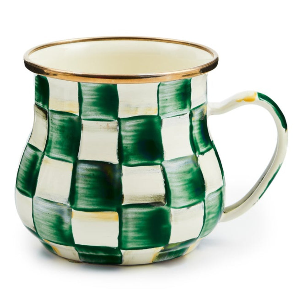Green and white checkered mug with gold rim on a white background