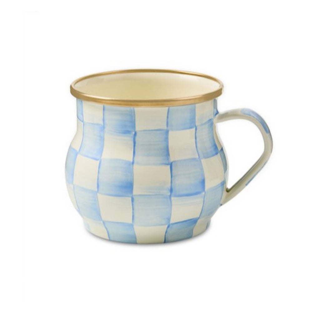 Sky Check Mug with blue and white checkered pattern on a white background