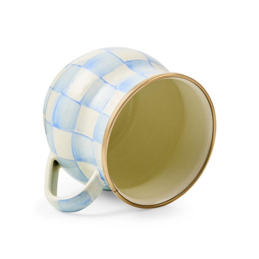 Sky Check Ceramic Mug with blue and white checkered pattern on a white background on an angle. 