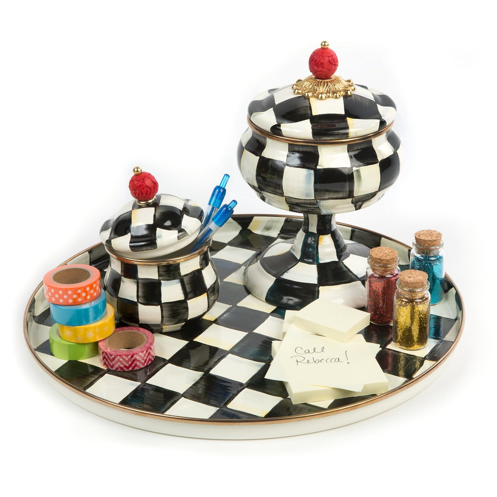 Decorative set with a black and white checkered design on a white background.